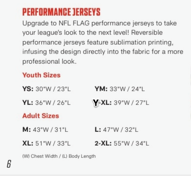 NFL Flag Jersey & Shorts Size Chart